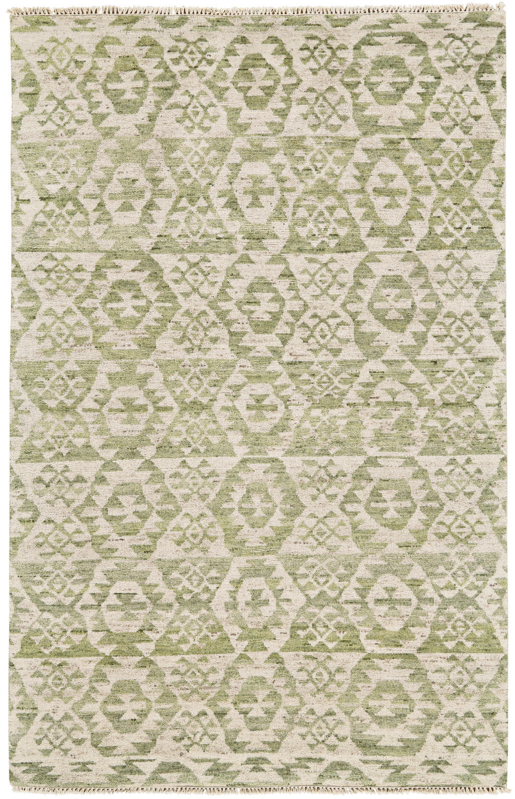 8 x 10 Green & Ivory Wool Southwestern Hand Knotted Rug