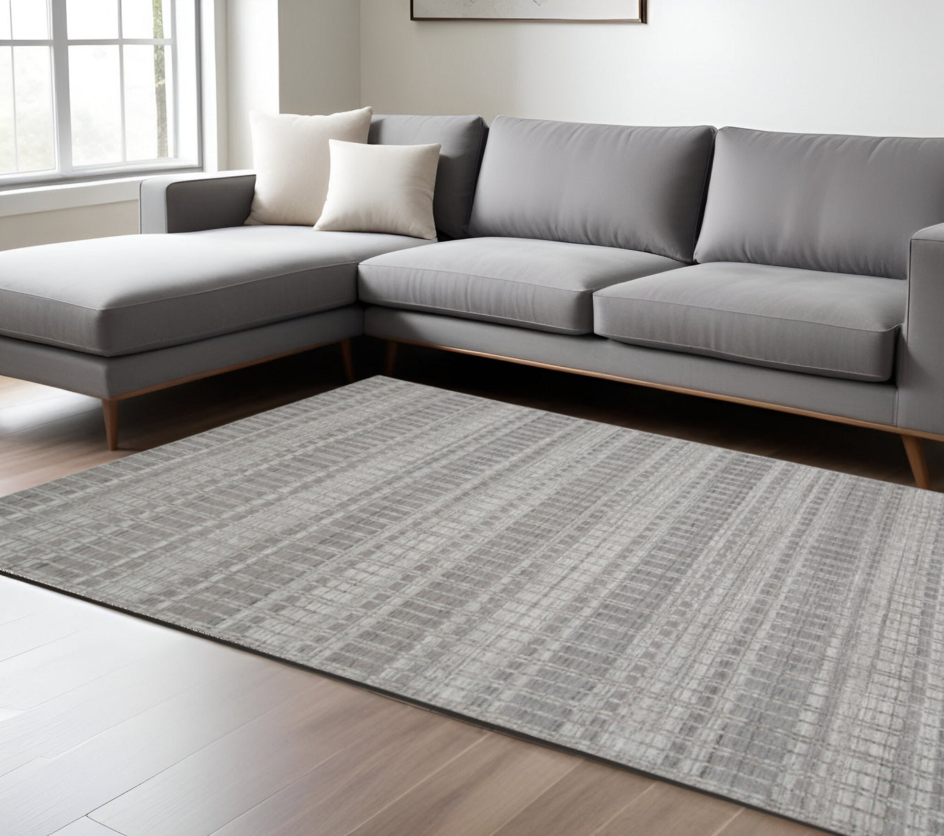 7 x 9 Gray & Ivory Geometric Hand Woven Rug