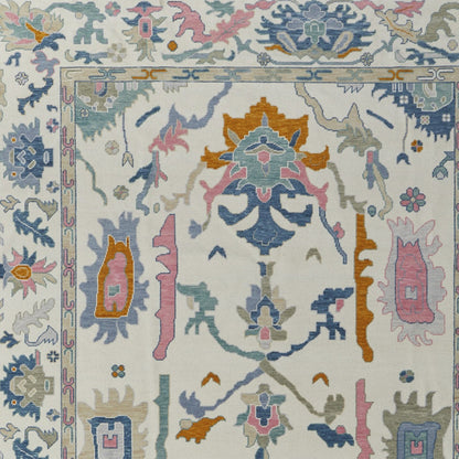 4 x 6 Blue Ivory & Pink Wool Floral Hand Knotted Rug With Fringe