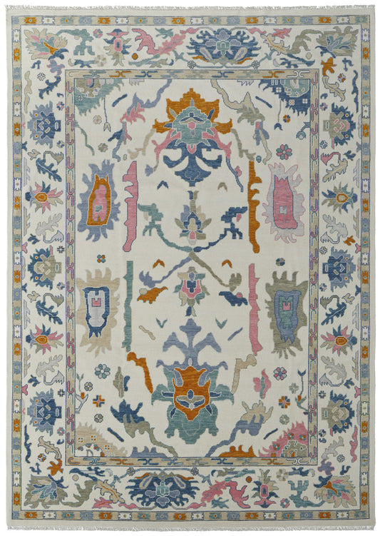 4 x 6 Blue Ivory & Pink Wool Floral Hand Knotted Rug With Fringe
