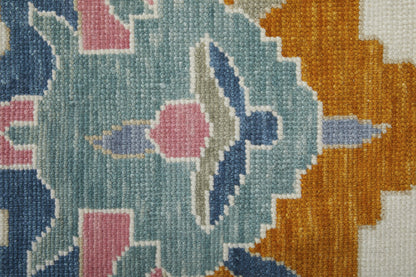 8 x 10 Blue Ivory & Pink Wool Floral Hand Knotted Rug With Fringe