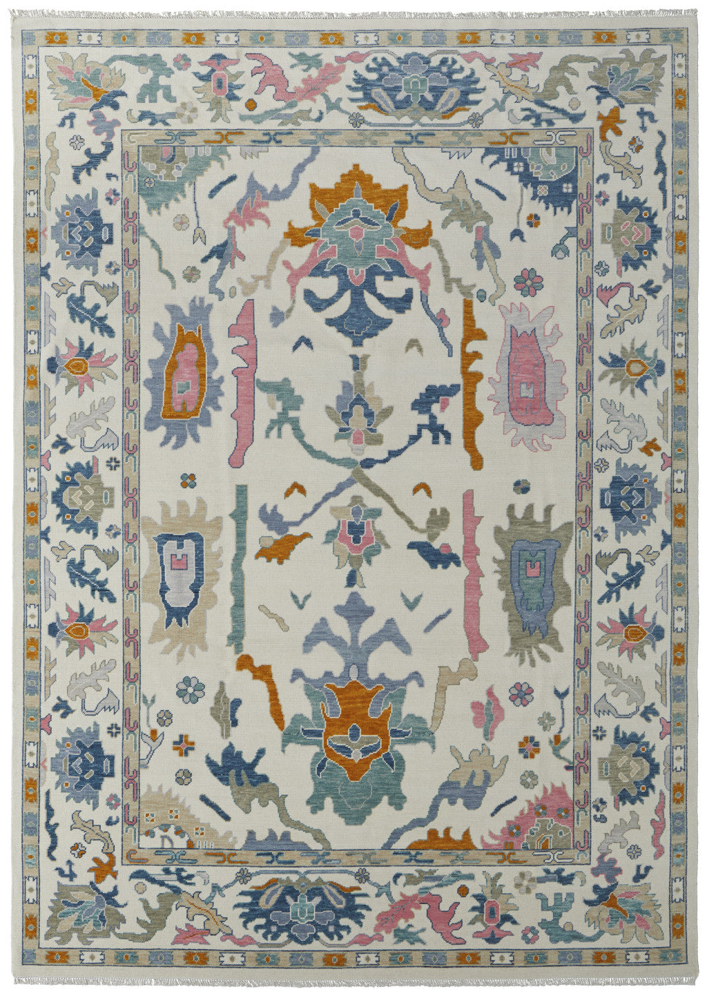 8 x 10 Blue Ivory & Pink Wool Floral Hand Knotted Rug With Fringe
