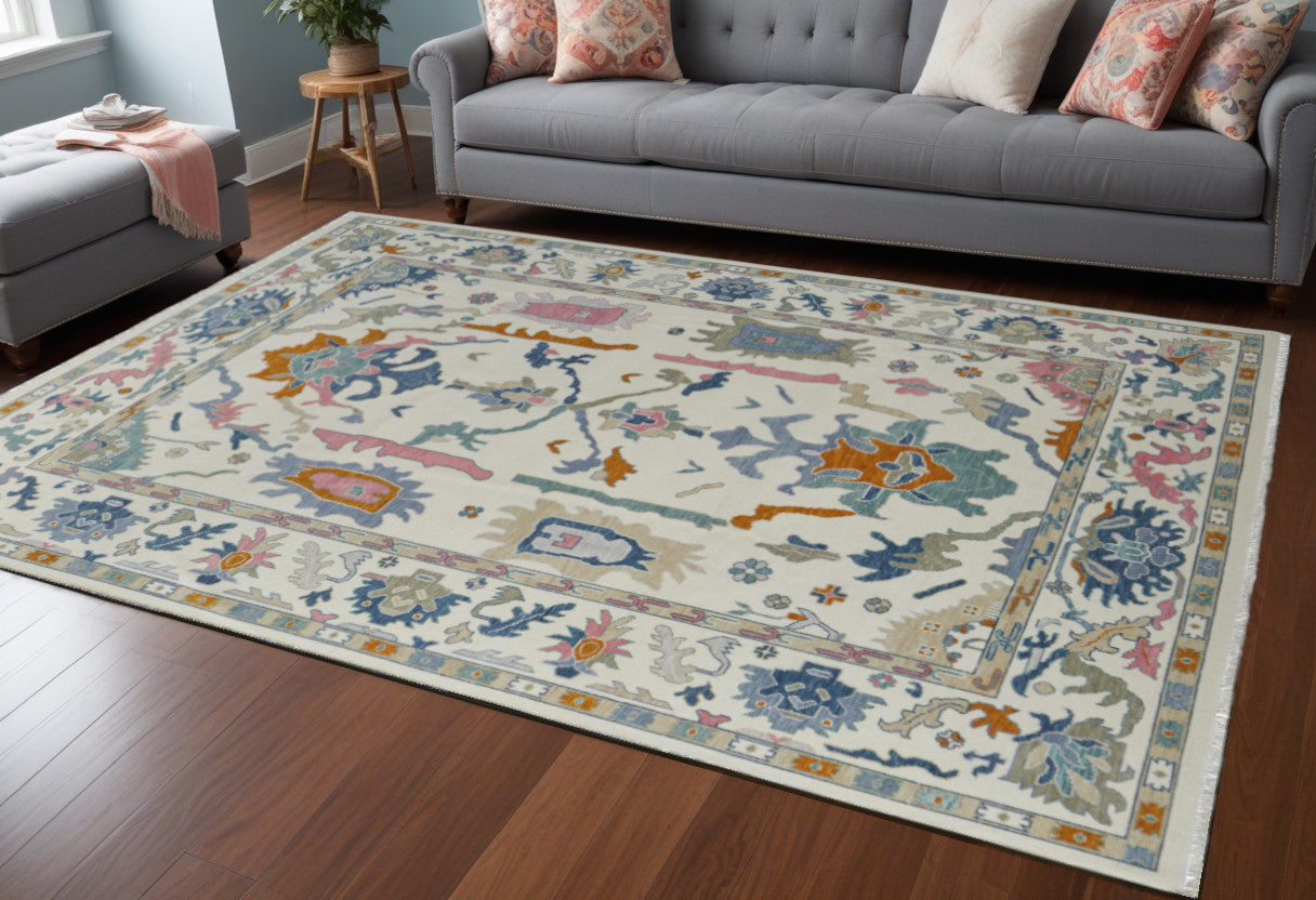 8 x 10 Blue Ivory & Pink Wool Floral Hand Knotted Rug With Fringe