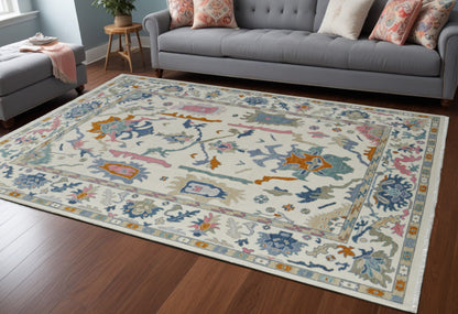 8 x 10 Blue Ivory & Pink Wool Floral Hand Knotted Rug With Fringe