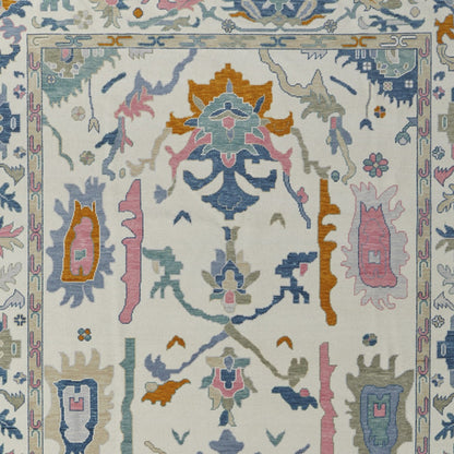 8 x 10 Blue Ivory & Pink Wool Floral Hand Knotted Rug With Fringe