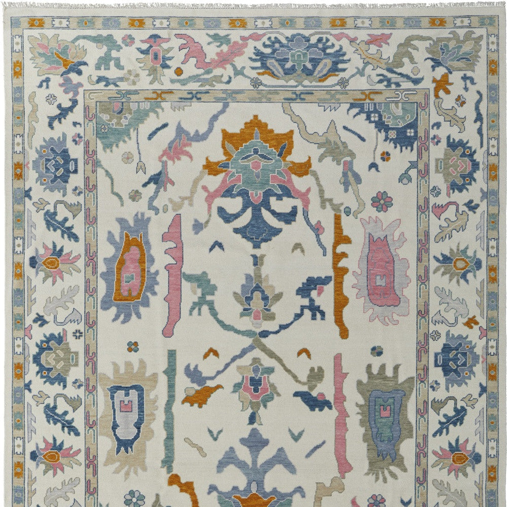 8 x 10 Blue Ivory & Pink Wool Floral Hand Knotted Rug With Fringe