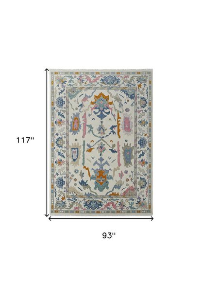 8 x 10 Blue Ivory & Pink Wool Floral Hand Knotted Rug With Fringe
