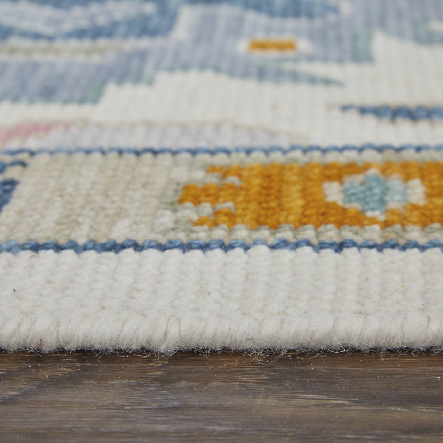 8 x 10 Blue Ivory & Pink Wool Floral Hand Knotted Rug With Fringe