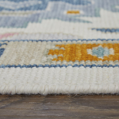 8 x 10 Blue Ivory & Pink Wool Floral Hand Knotted Rug With Fringe
