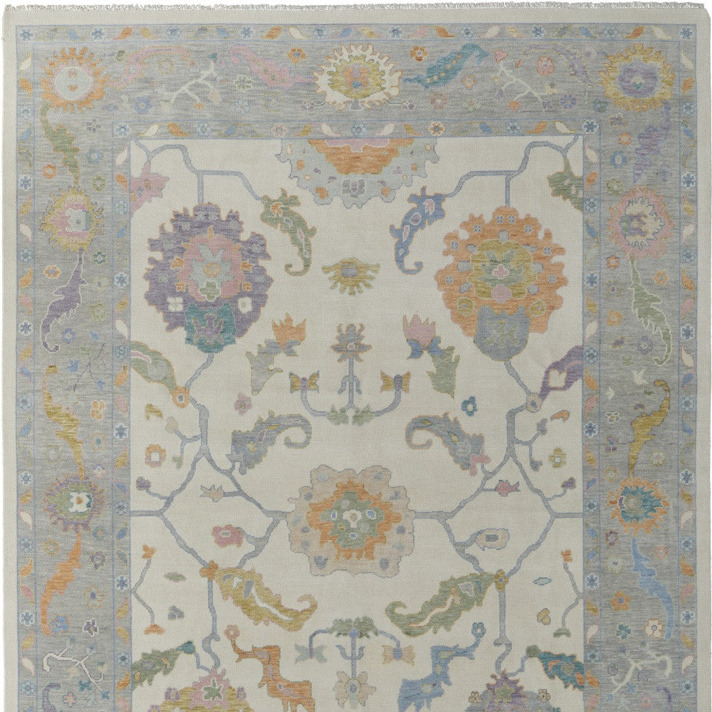 4 x 6 Gray Ivory & Orange Wool Floral Hand Knotted Rug With Fringe