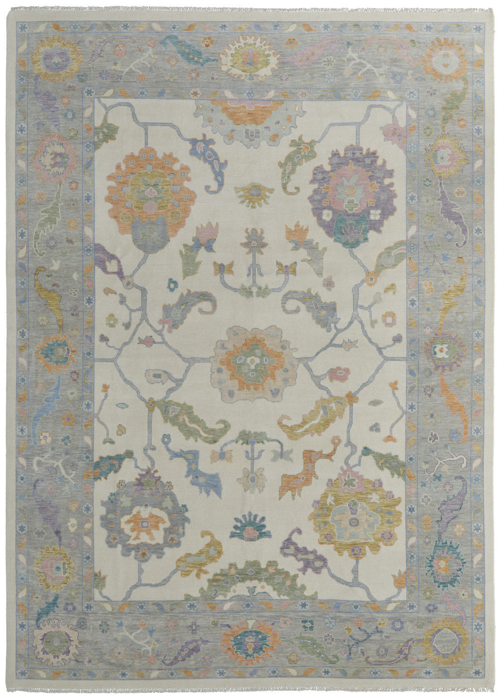 4 x 6 Gray Ivory & Orange Wool Floral Hand Knotted Rug With Fringe