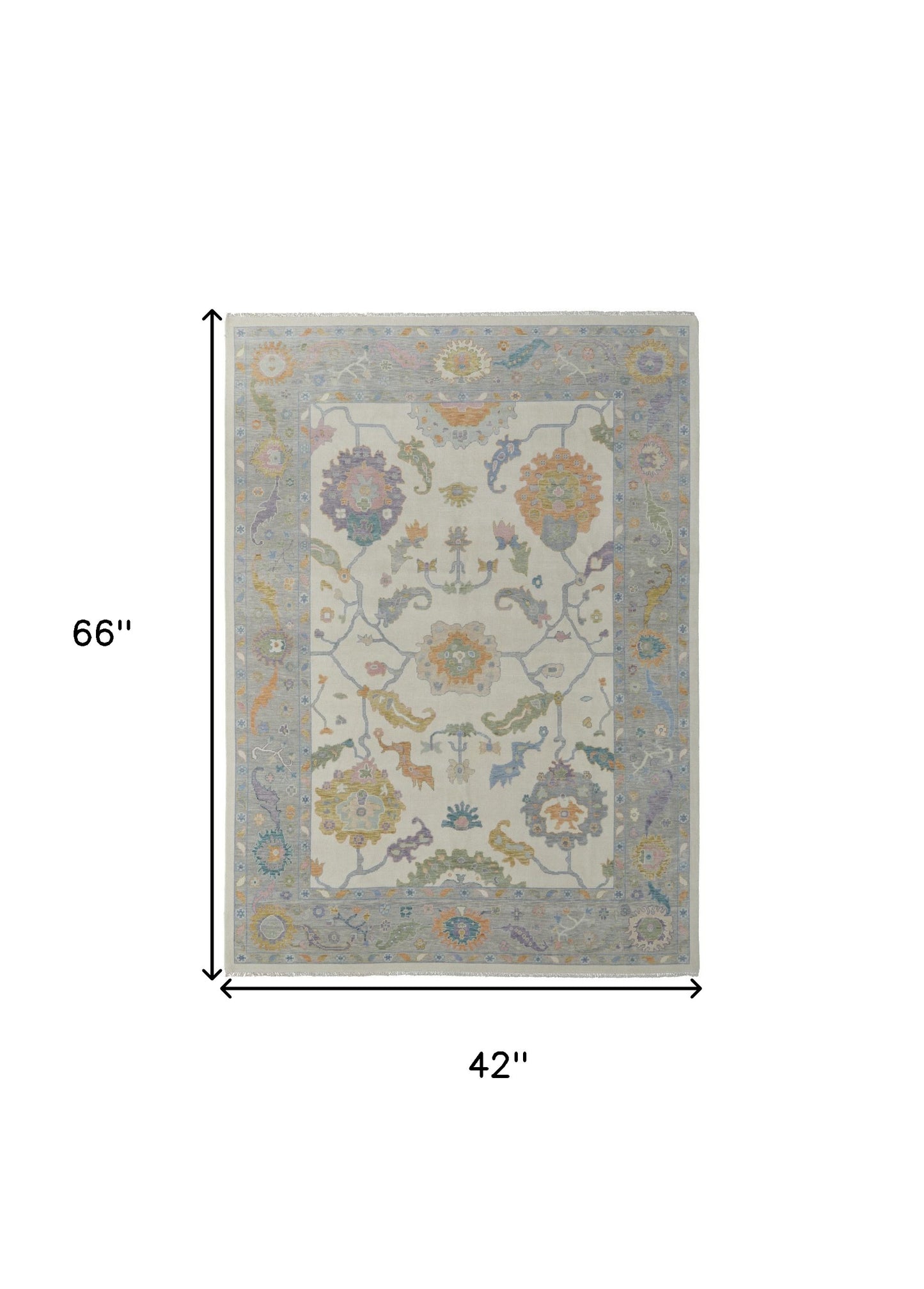 4 x 6 Gray Ivory & Orange Wool Floral Hand Knotted Rug With Fringe