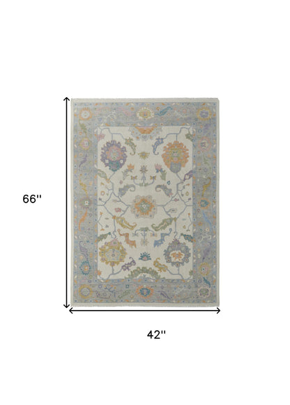 4 x 6 Gray Ivory & Orange Wool Floral Hand Knotted Rug With Fringe