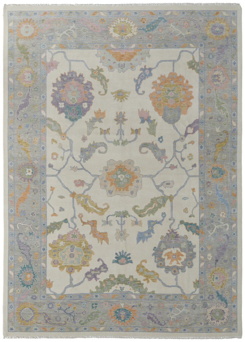 4 x 6 Gray Ivory & Orange Wool Floral Hand Knotted Rug With Fringe