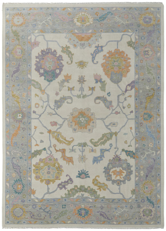 4 x 6 Gray Ivory & Orange Wool Floral Hand Knotted Rug With Fringe