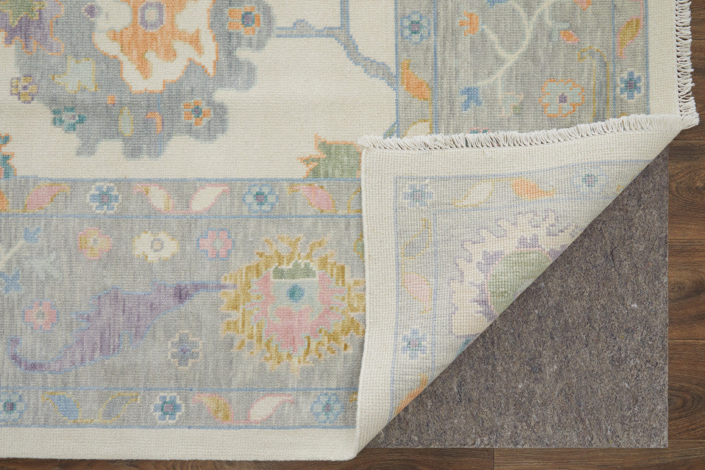 8 x 10 Gray Ivory & Orange Wool Floral Hand Knotted Rug With Fringe