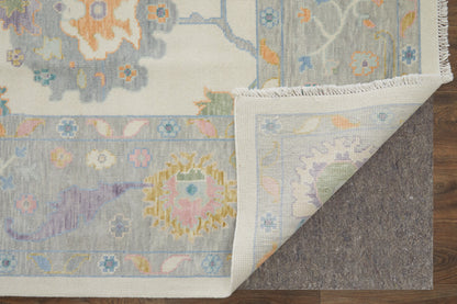 8 x 10 Gray Ivory & Orange Wool Floral Hand Knotted Rug With Fringe