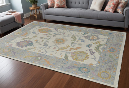 8 x 10 Gray Ivory & Orange Wool Floral Hand Knotted Rug With Fringe