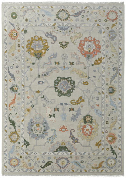 4 x 6 Gray Ivory & Gold Wool Floral Hand Knotted Rug With Fringe