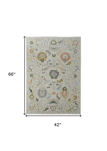 4 x 6 Gray Ivory & Gold Wool Floral Hand Knotted Rug With Fringe