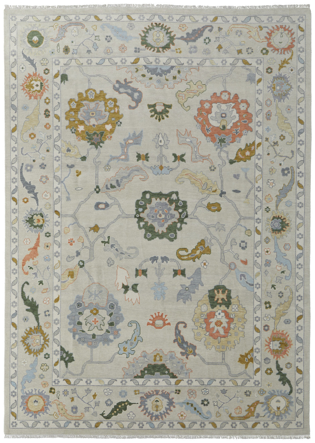 4 x 6 Gray Ivory & Gold Wool Floral Hand Knotted Rug With Fringe