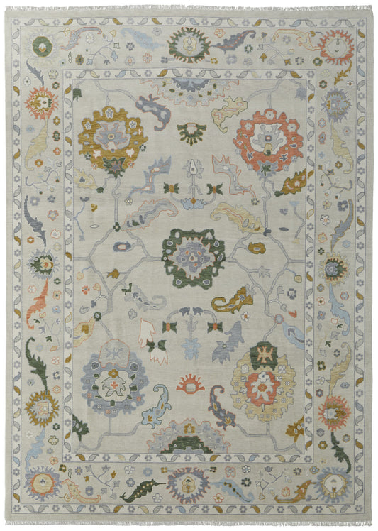 4 x 6 Gray Ivory & Gold Wool Floral Hand Knotted Rug With Fringe