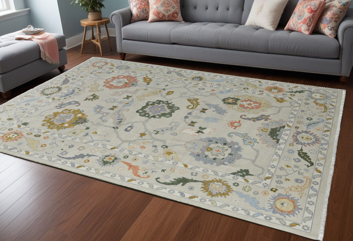 12 x 15 Gray Ivory & Gold Wool Floral Hand Knotted Rug With Fringe