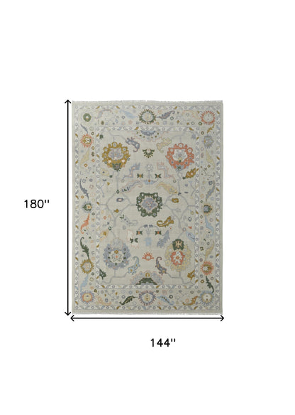12 x 15 Gray Ivory & Gold Wool Floral Hand Knotted Rug With Fringe