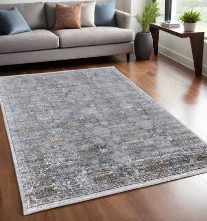 5 x 7 Gray & Silver Damask Power Loom Rug