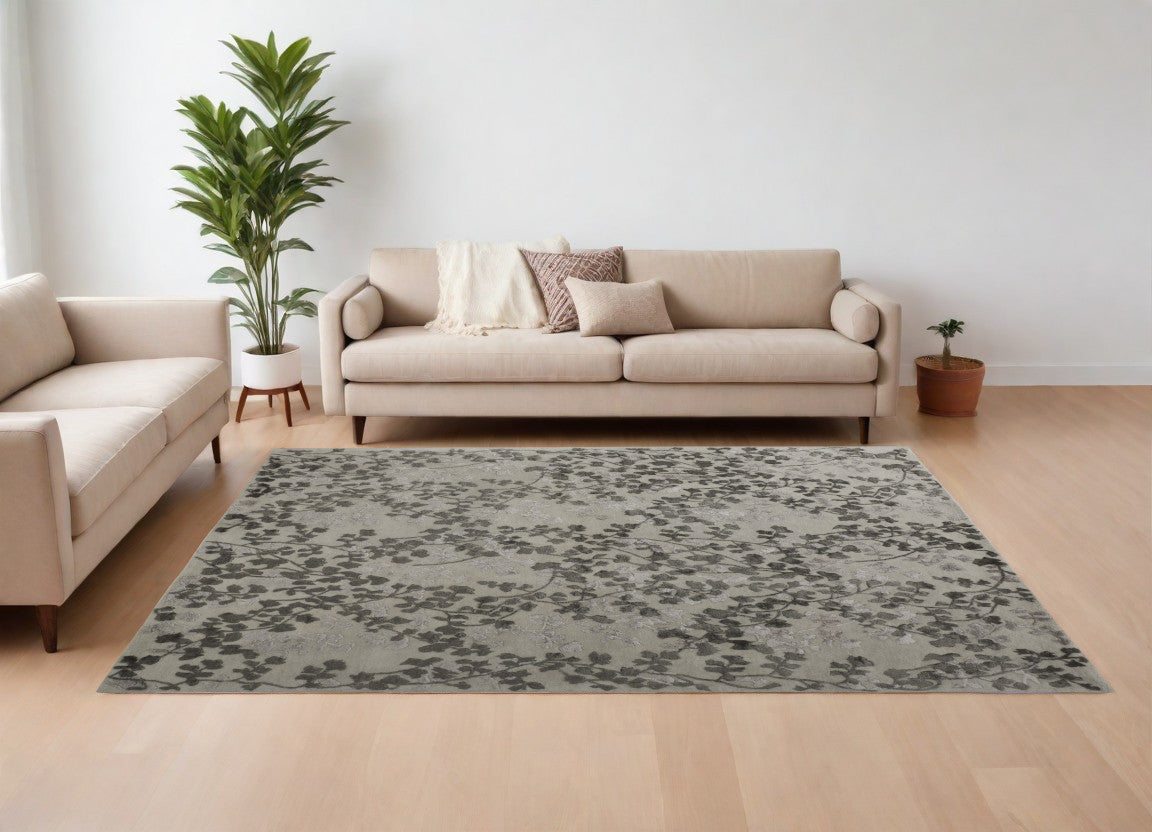8 x 10 Gray & Silver Floral Hand Tufted Rug