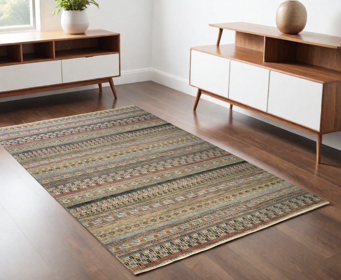 4 x 6 Tan Blue & Orange Striped Hand Knotted Rug
