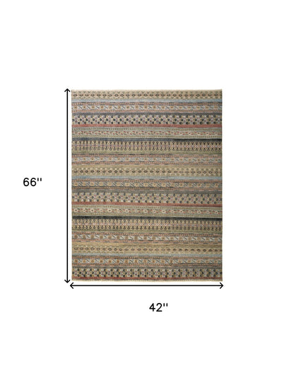 4 x 6 Tan Blue & Orange Striped Hand Knotted Rug