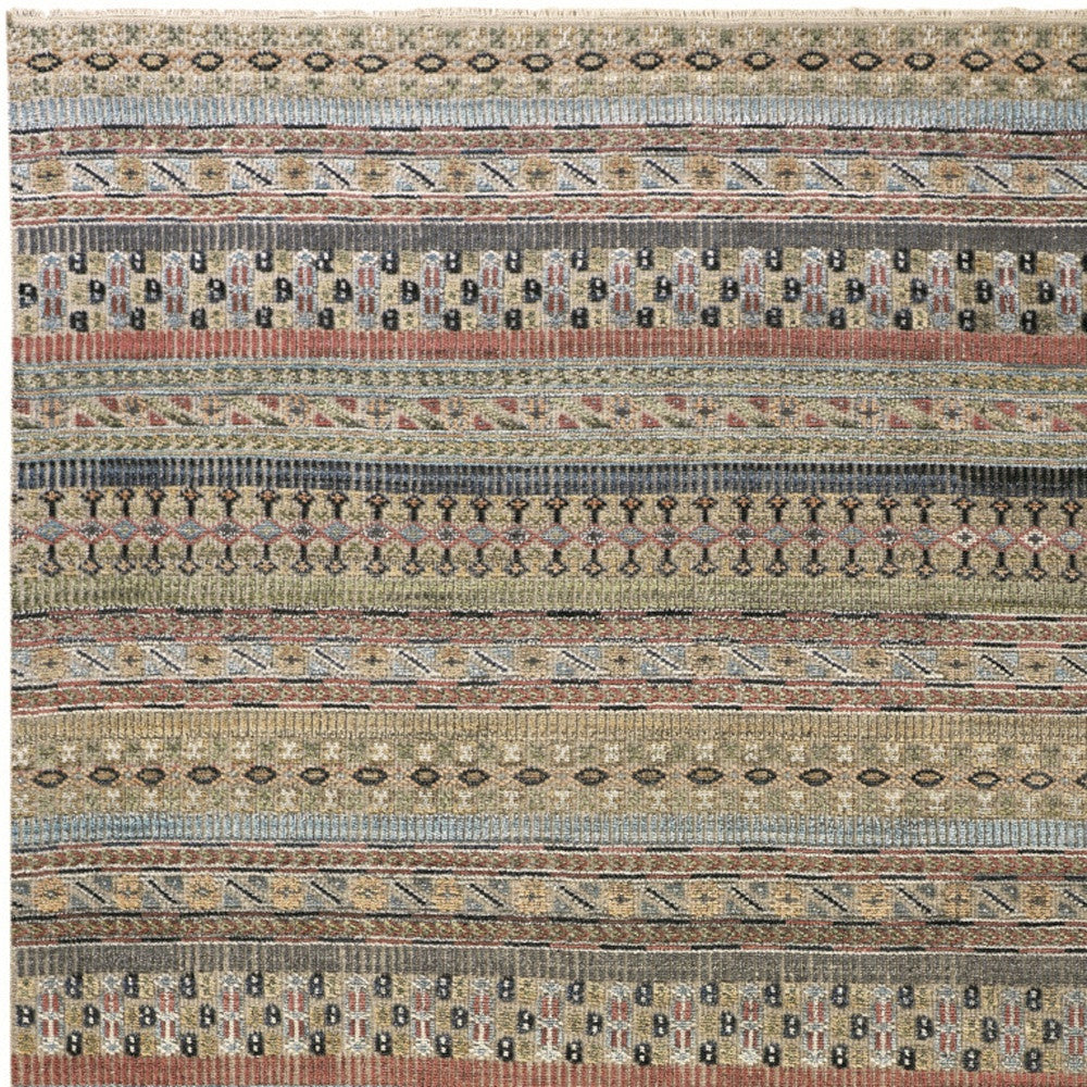 8 x 10 Tan Blue & Orange Striped Hand Knotted Rug
