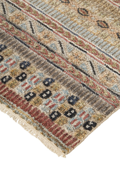 12 x 15 Tan Blue & Orange Striped Hand Knotted Rug