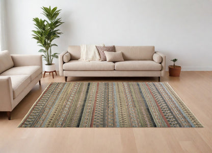 12 x 15 Tan Blue & Orange Striped Hand Knotted Rug