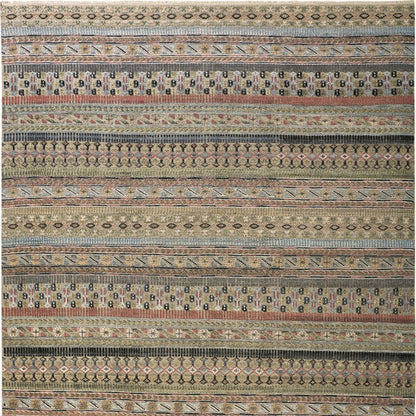 12 x 15 Tan Blue & Orange Striped Hand Knotted Rug