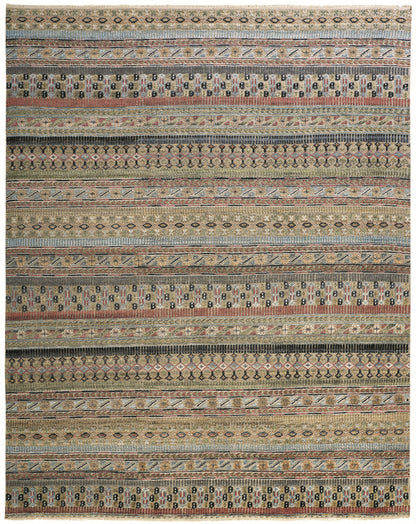 12 x 15 Tan Blue & Orange Striped Hand Knotted Rug