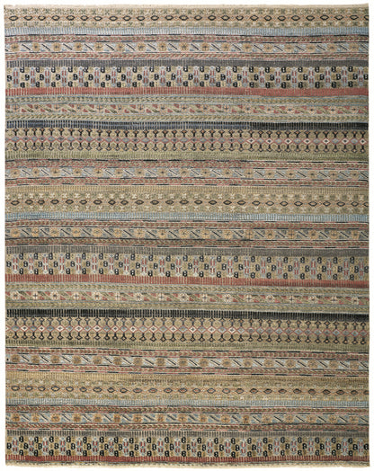 12 x 15 Tan Blue & Orange Striped Hand Knotted Rug
