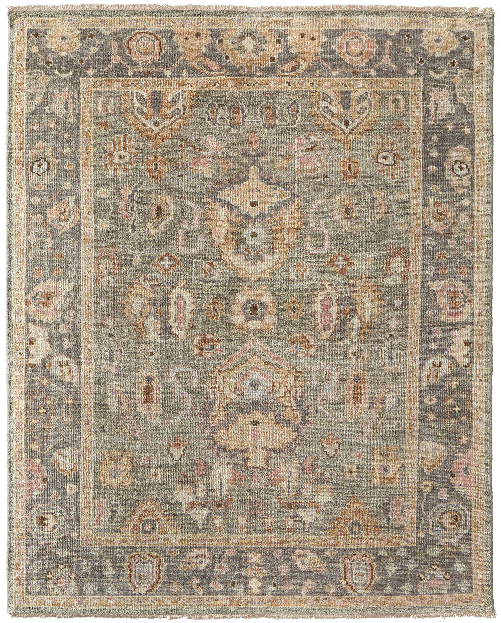 4 x 6 Gray & Gold Wool Oriental Hand Knotted Rug With Fringe