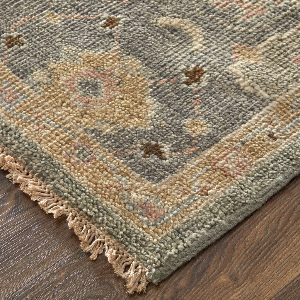 4 x 6 Gray & Gold Wool Oriental Hand Knotted Rug With Fringe