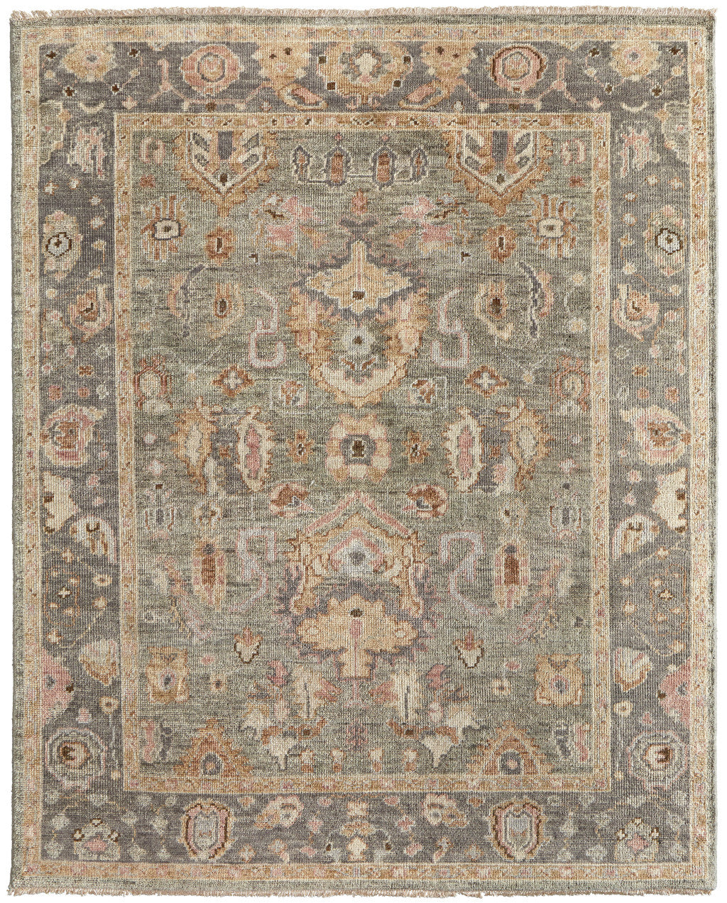 4 x 6 Gray & Gold Wool Oriental Hand Knotted Rug With Fringe