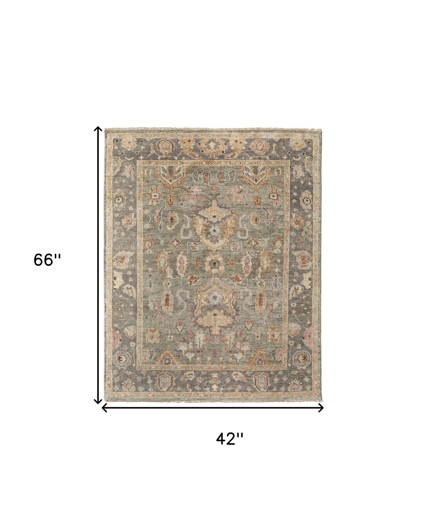 4 x 6 Gray & Gold Wool Oriental Hand Knotted Rug With Fringe
