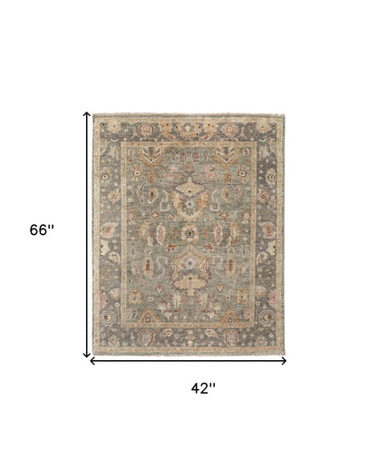 4 x 6 Gray & Gold Wool Oriental Hand Knotted Rug With Fringe
