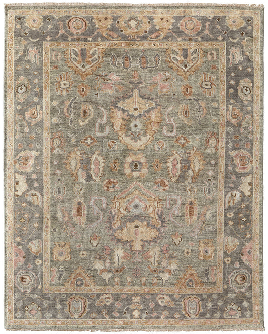8 x 10 Gray & Gold Wool Oriental Hand Knotted Rug With Fringe