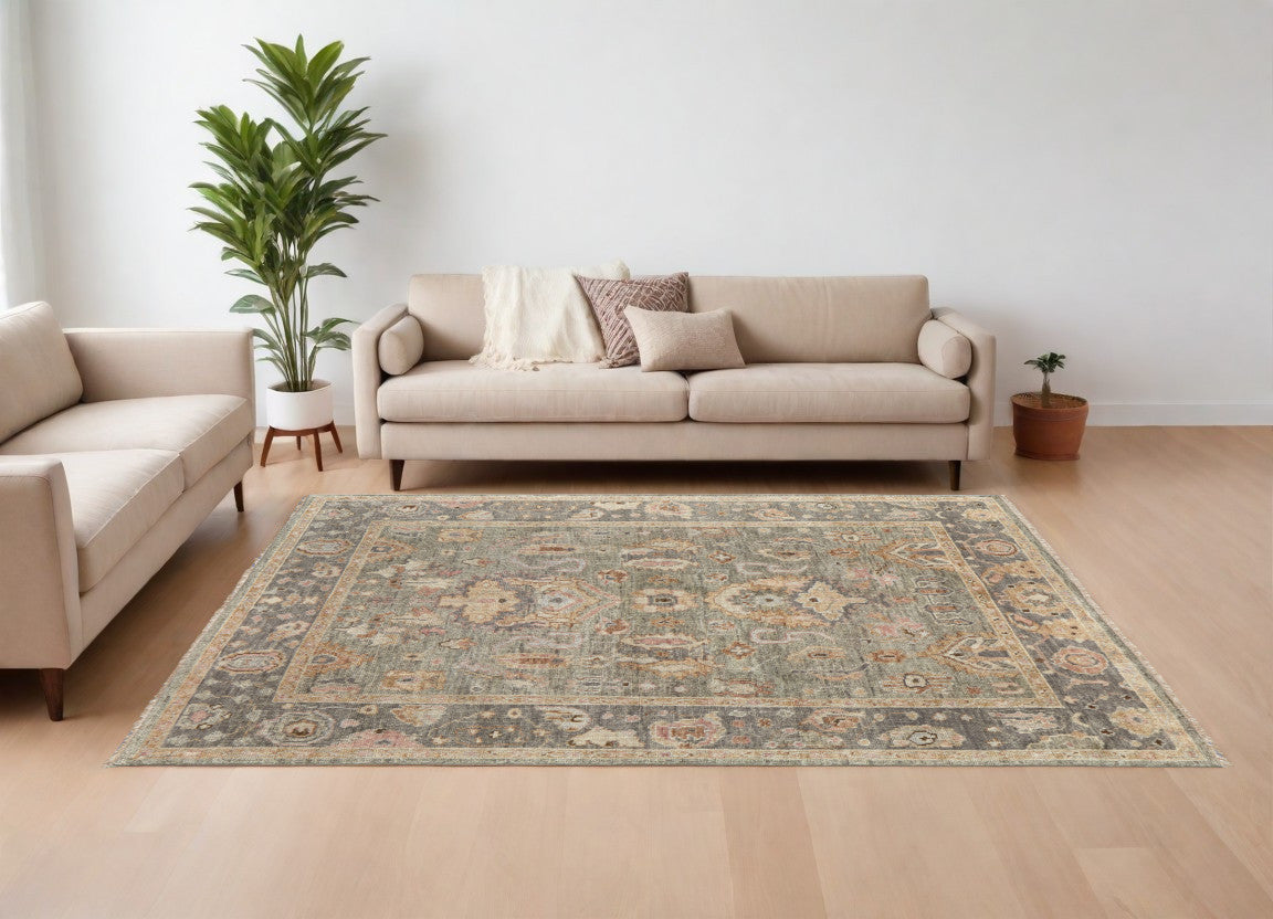 8 x 10 Gray & Gold Wool Oriental Hand Knotted Rug With Fringe