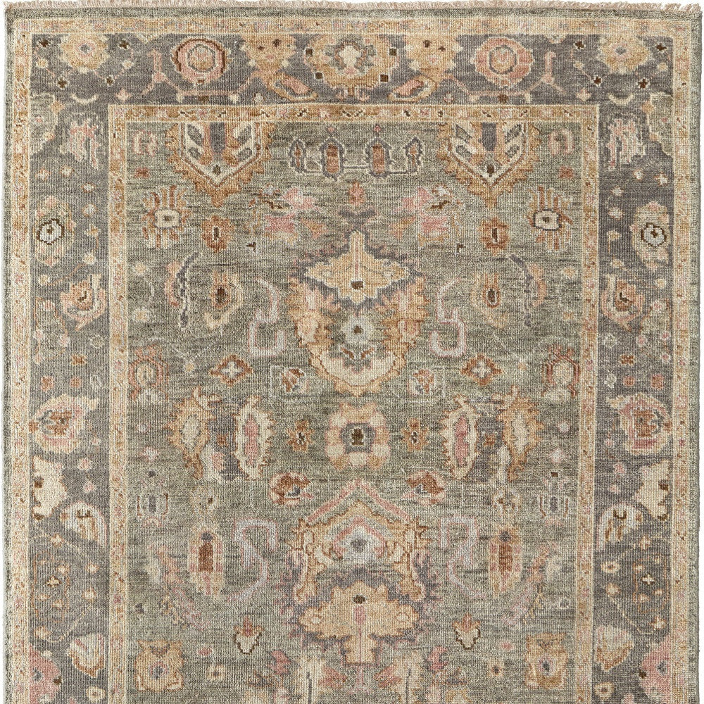8 x 10 Gray & Gold Wool Oriental Hand Knotted Rug With Fringe