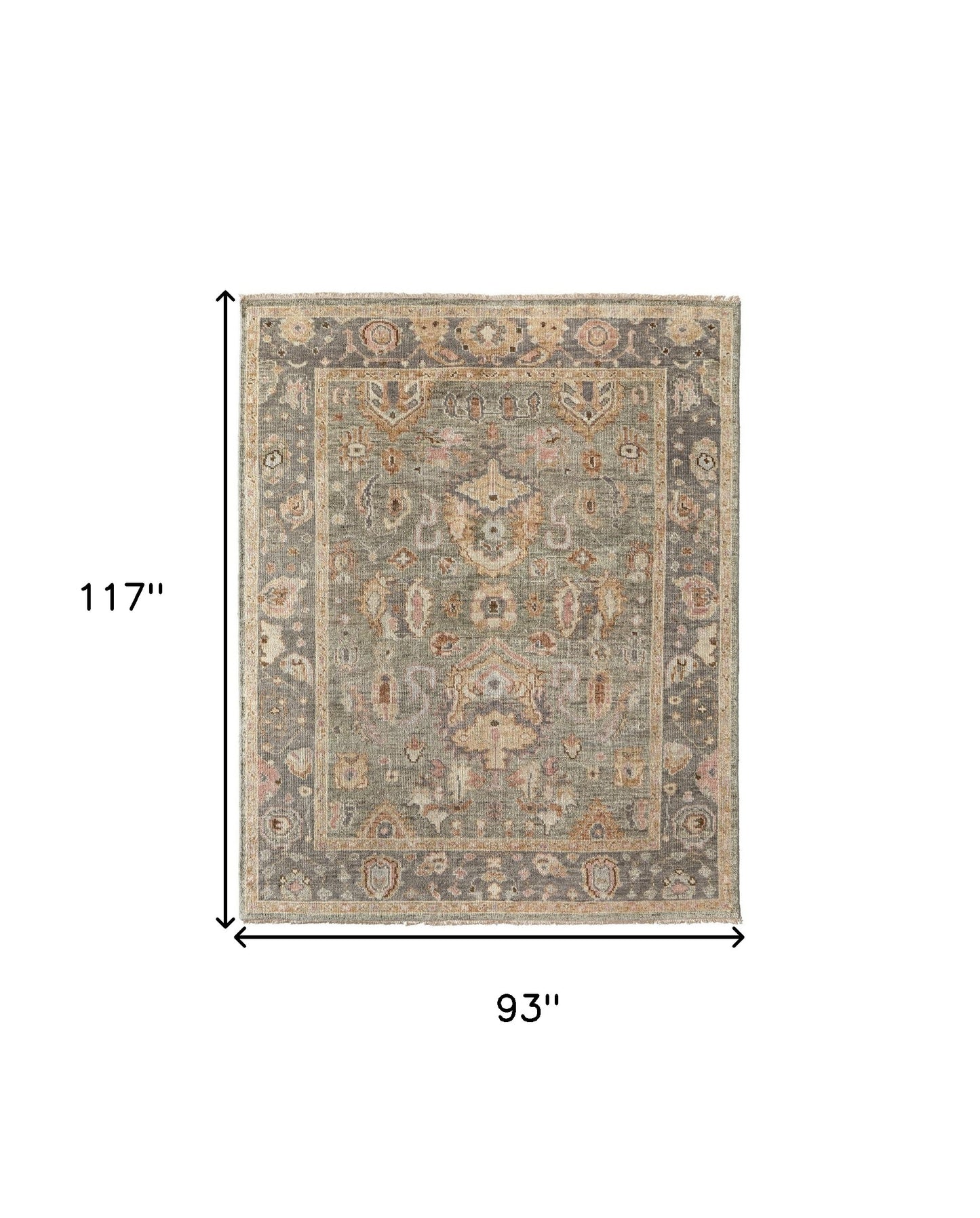 8 x 10 Gray & Gold Wool Oriental Hand Knotted Rug With Fringe