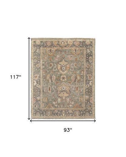 8 x 10 Gray & Gold Wool Oriental Hand Knotted Rug With Fringe