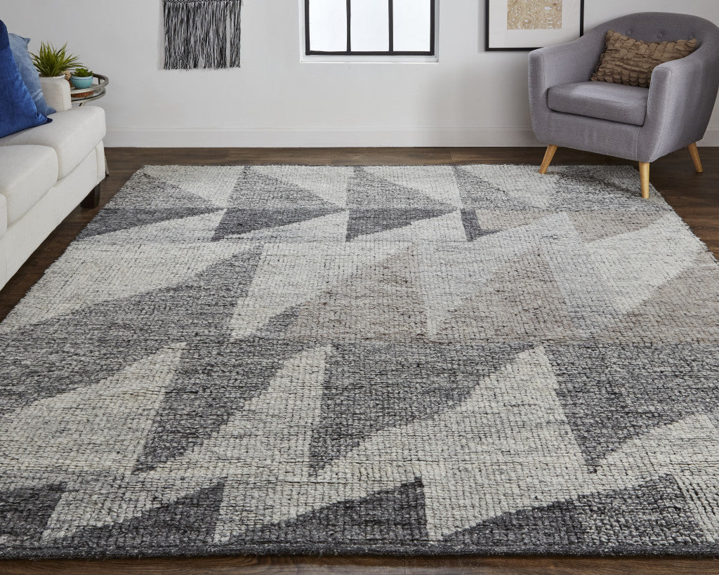 8 x 10 Gray & Ivory Wool Geometric Hand Knotted Rug