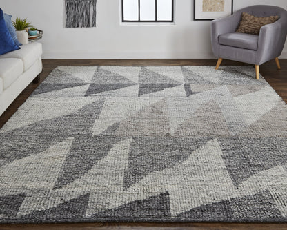 8 x 10 Gray & Ivory Wool Geometric Hand Knotted Rug